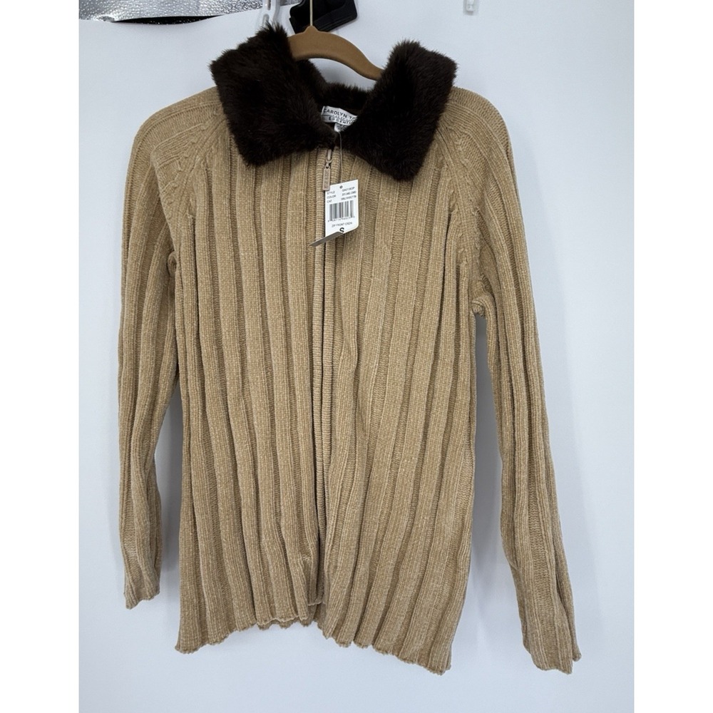 Vtg Y2k Zip Cardigan Fur Collar Stretchy Tan Brown Fall Winter Coquette NWT